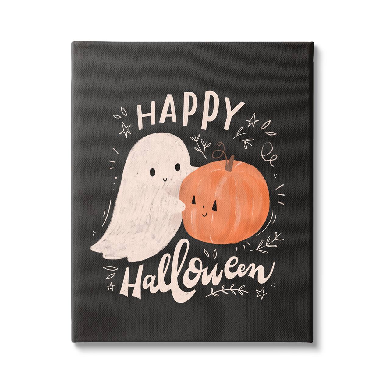 Stupell Industries Happy Halloween Smiling Ghost Pumpkin Canvas Wall Art